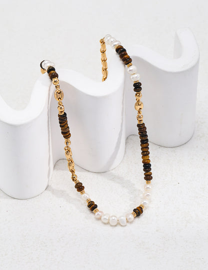 S925 Silver Pearl & Tiger’s Eye Necklace – Vintage Gold Elegance