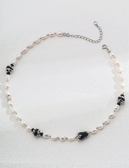 Starry Night Symphony Necklace | S925 Two-tone Natural Pearl Black Agate