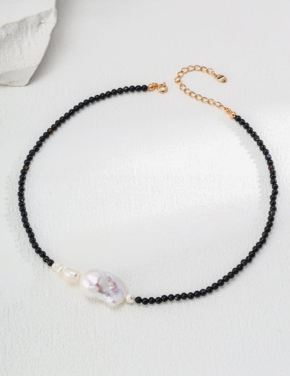 Dark Matter Starlink Nacklace｜S925 Vintage Gold Black Agate Baroque Pearl