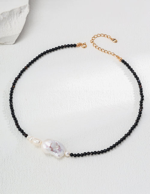 Dark Matter Starlink Nacklace｜S925 Vintage Gold Black Agate Baroque Pearl