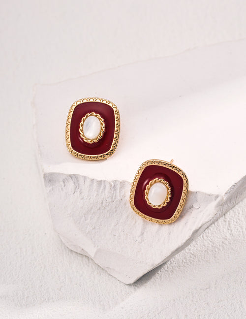 Crimson Moon Kiss Earrings｜S925 Silver-Red Glaze Shell Earrings