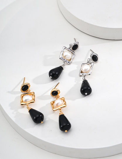 Starry Night Concerto Earrings | S925 Two-tone Natural Pearl Black Agate