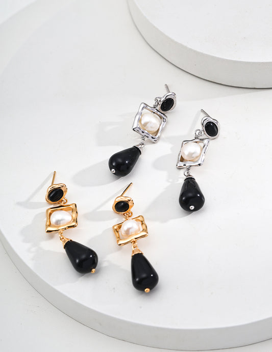 Starry Night Concerto Earrings | S925 Two-tone Natural Pearl Black Agate