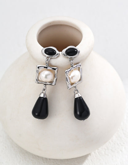 Starry Night Concerto Earrings | S925 Two-tone Natural Pearl Black Agate
