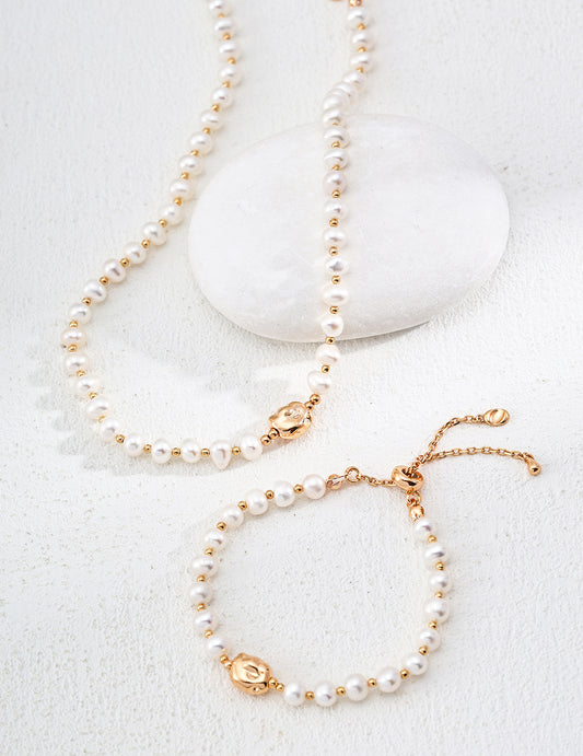 Gravitational Pearl Set | S925 Silver Natural Pearl Drawstring Design Necklace + Bracelet