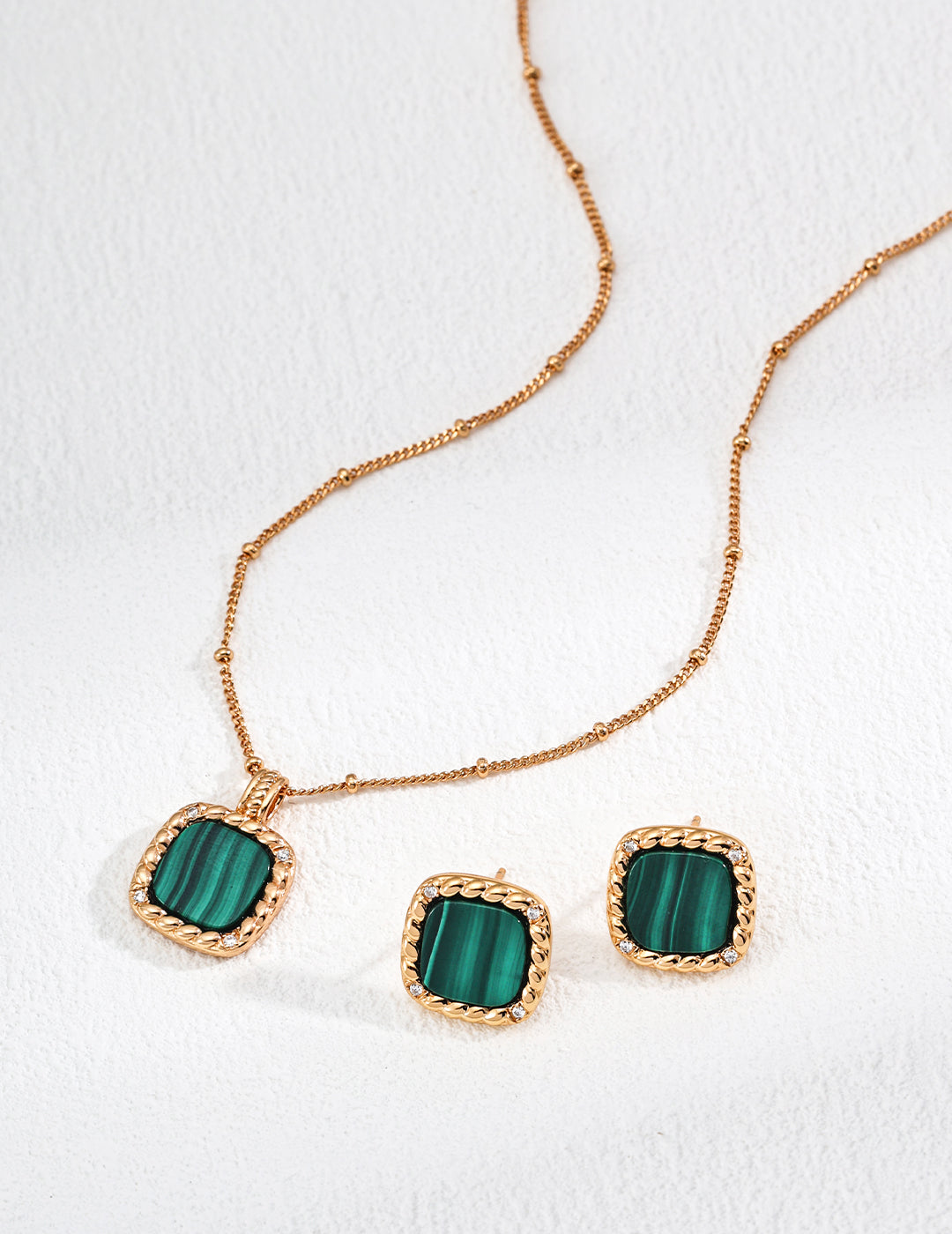 Interstellar Oasis Set | S925 Vintage Gold Zircon Malachite Earrings + Necklace