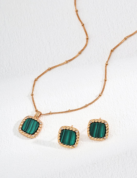 Interstellar Oasis Set | S925 Vintage Gold Zircon Malachite Earrings + Necklace