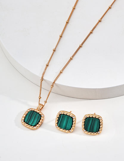 Interstellar Oasis Set | S925 Vintage Gold Zircon Malachite Earrings + Necklace
