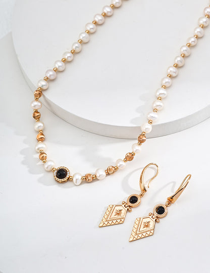 S925 Silver Pearl & Tiger’s Eye Necklace – Vintage Gold Celestial Glow