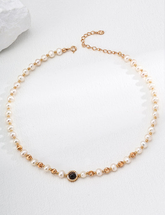 S925 Silver Pearl & Tiger’s Eye Necklace – Vintage Gold Celestial Glow