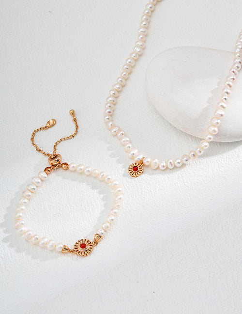 Double Star Gravity Set | S925 Silver Pearl Agate | Red and Black Stardust Necklace + Bracelet